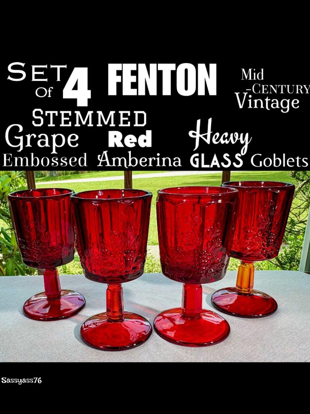 🆕VTG▪️FENTON▪️Mid-Cent Stemmed Grape Embossed Red Amberina Heavy Glass Goblets